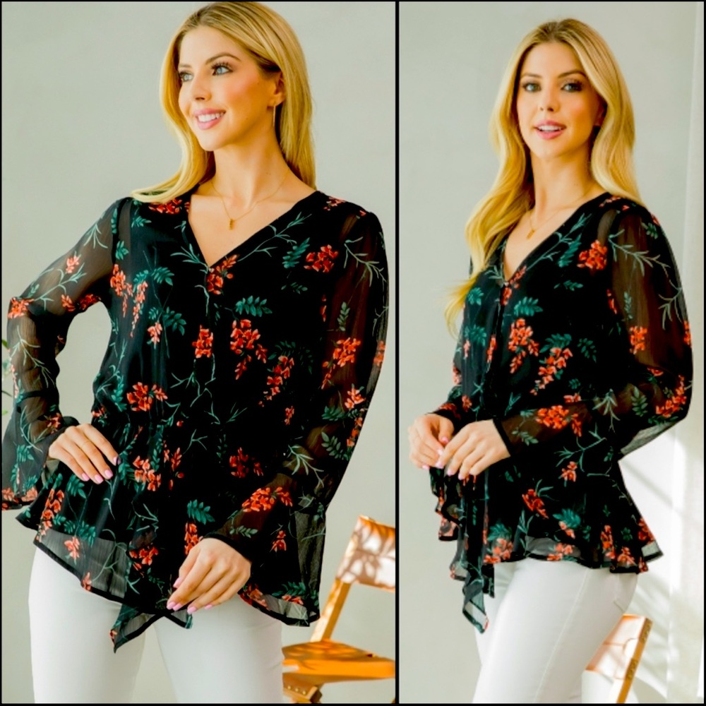 B26B🖤❤️Gorgeous+sheer black+primrose peplum top lined except sleeves-flattering